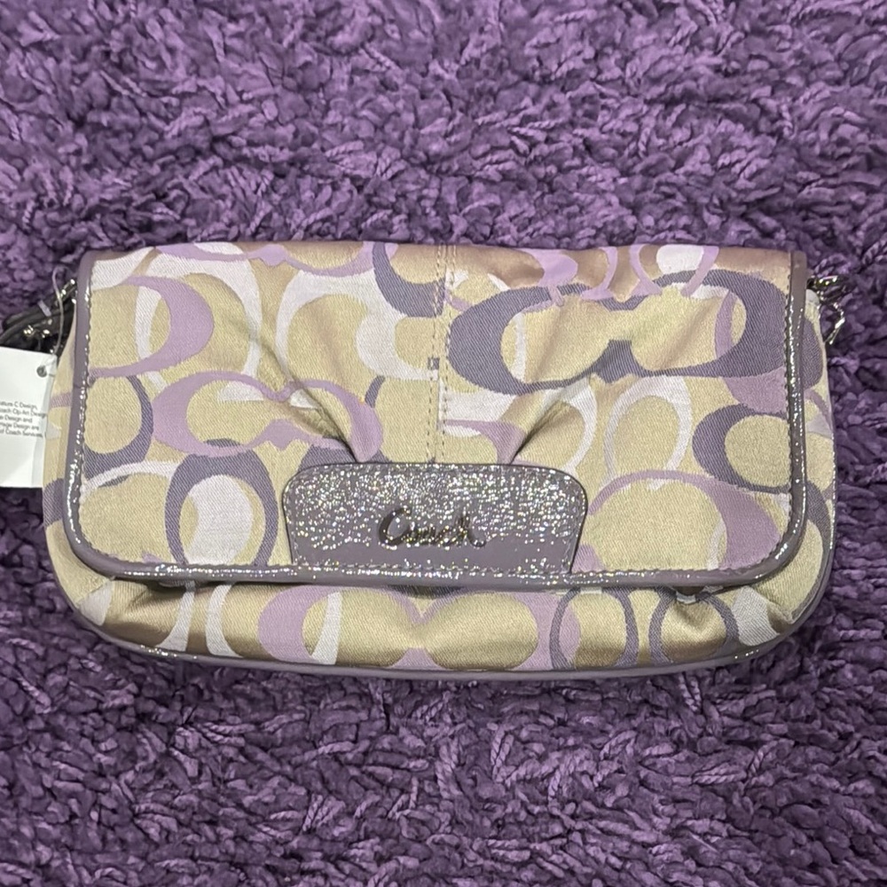 NWT Large Coach Signature Wristlet in Purple and Khaki